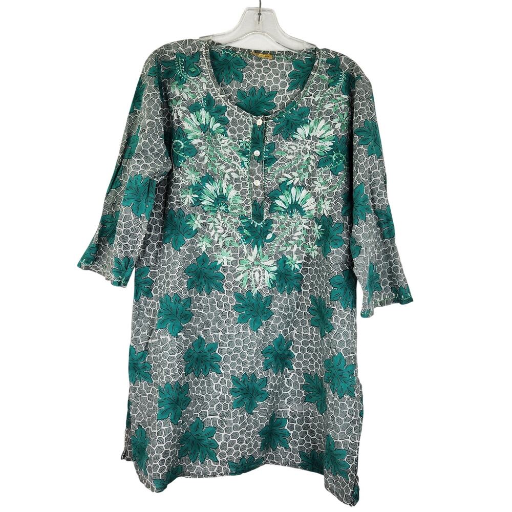 Roberta Roller Rabbit Green Gray Embroidered Tunic Top Women's Large Boho